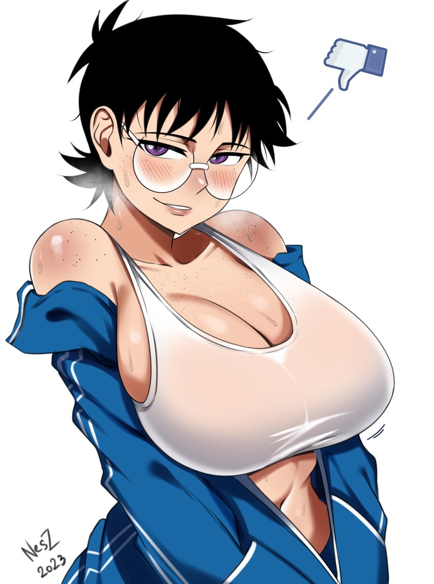 1girls absurd_res black_hair breasts female female_only freckles glasses hi_res jane_(nesz) large_breasts looking_at_viewer midriff nesz original purple_eyes short_hair solo solo_female tagme tomboy