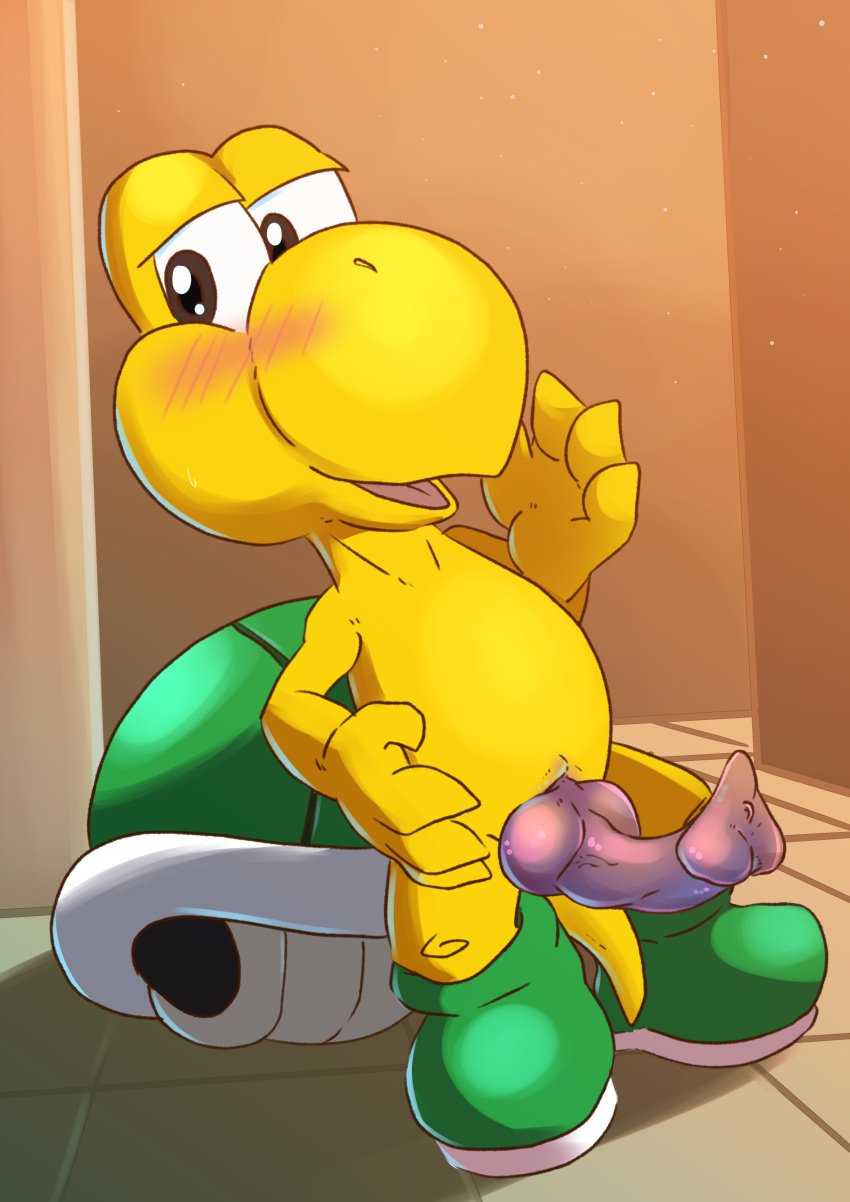 1boy 2022 2d 4_fingers animal_genitalia animal_penis anthro anthro_only barely_clothed big_penis blush boots boots_only brown_eyes digital_drawing_(artwork) digital_media_(artwork) erection footwear footwear_only full_body genital_slit genitals green_koopa_troopa hi_res hologram_(artist) knot knotted_penis koopa koopa_troopa leaning_back long_penis looking_away male male_only mario_(series) mostly_nude naked nintendo nude open_mouth penis pink_penis png scalie shell shell-less shoes slit smile solo standing tail testicles tongue turtle_penis vein veiny_penis video_games yellow_body yellow_scales yellow_skin