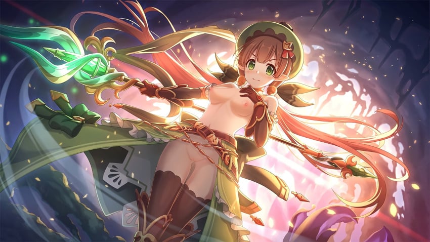 ayumi_(princess_connect!) belly_button breasts brown_hair edited_official_artwork elf elf_ears elf_female elf_girl green_clothing green_eyes hat large_breasts long_hair nipples no_bra no_panties pink_nipples pointy_ears princess_connect! princess_connect!_re:dive pussy spear twintails