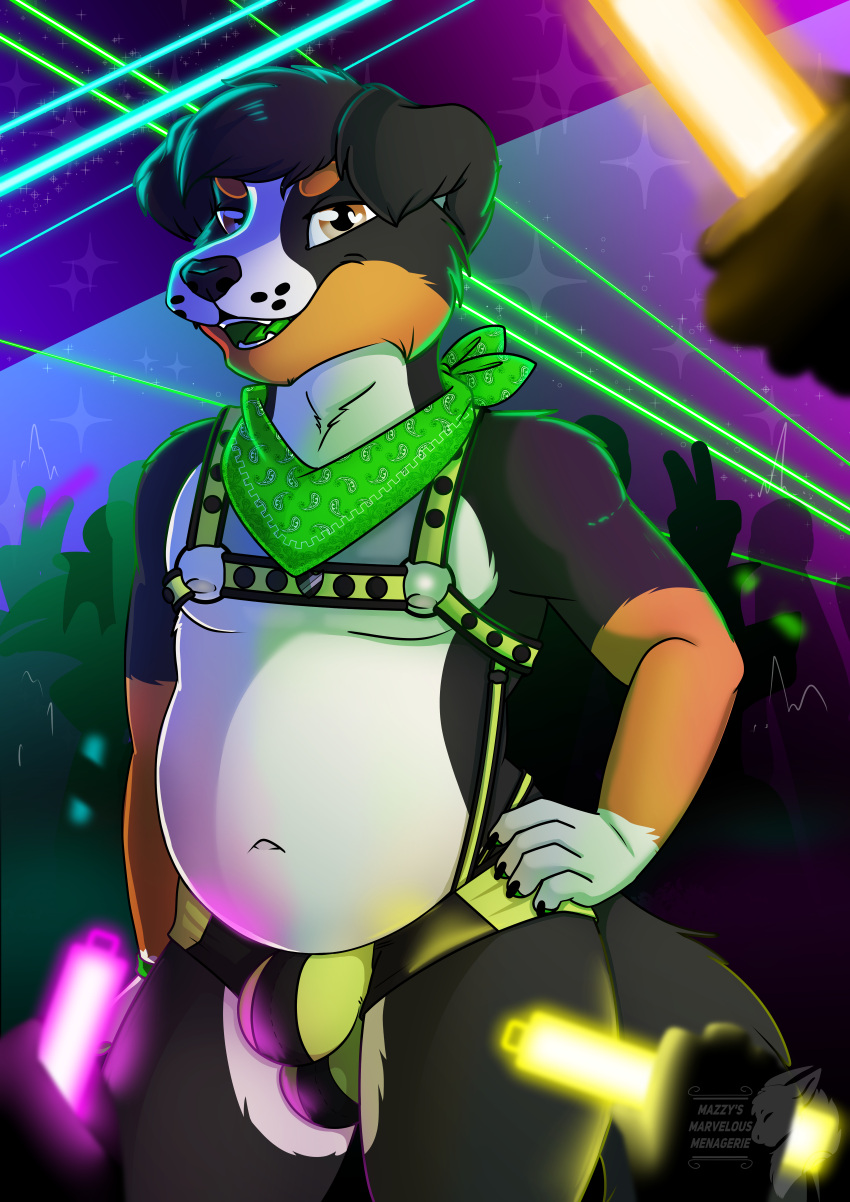 absurd_res anthro bernese_mountain_dog black_body blacklight bottomwear bulge canid canine canis chubby_anthro chubby_male clothed clothing detailed_bulge digital_media_(artwork) domestic_dog glowstick hand_on_hip happy harness hi_res looking_at_viewer male mammal marvelous_managerie molosser mountain_dog nipples open_mouth overweight rave simple_background smile solo standing swiss_mountain_dog teeth