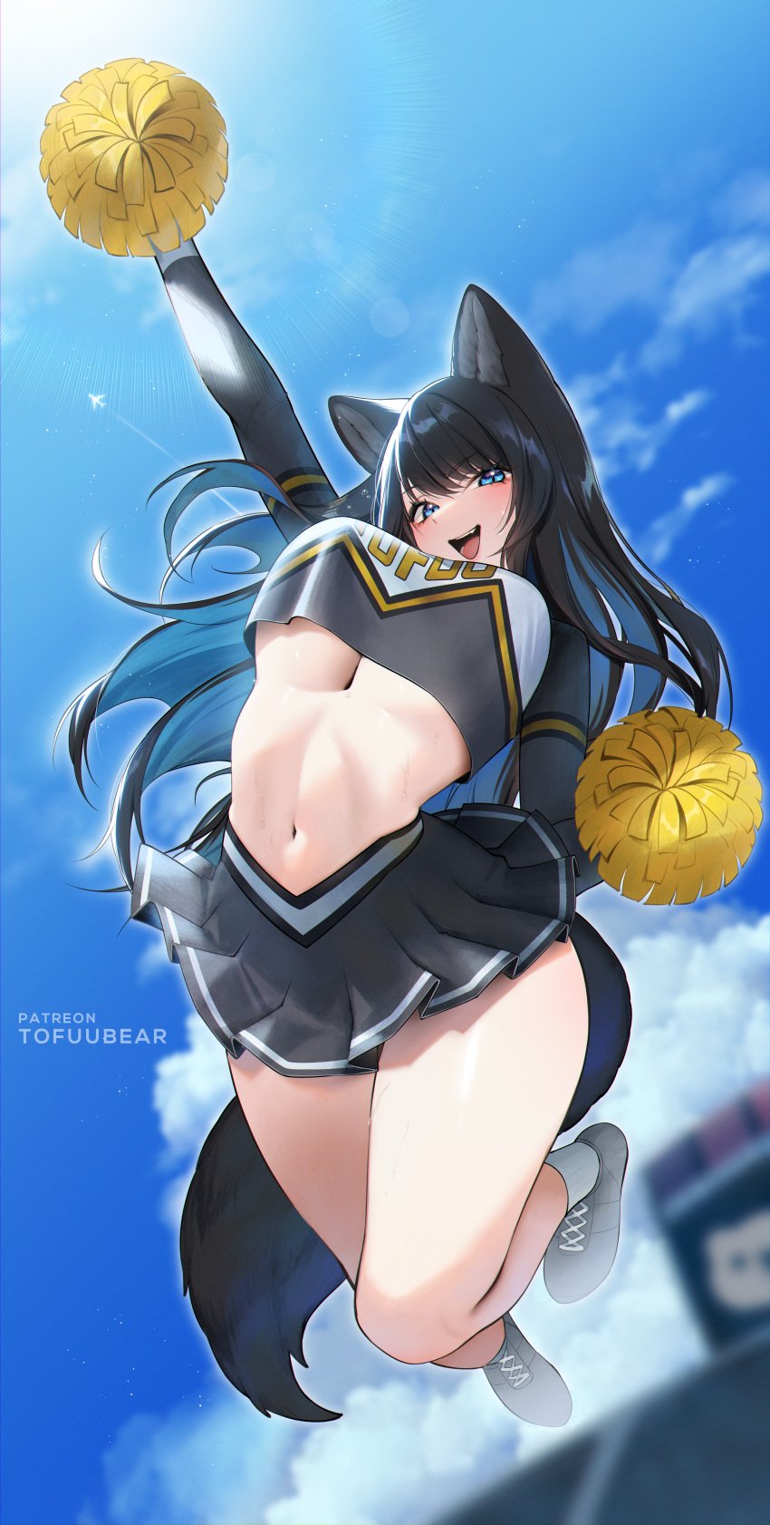 1girls absurd_res big_breasts black_hair blue_eyes blue_hair cheering cheerleader cheerleader_uniform fangs female_only looking_at_viewer miniskirt navel original original_character reiko_(tofuubear) smile solo solo_female teeth thick_thighs thighs tofuubear underboob wolf_ears wolf_girl wolf_tail