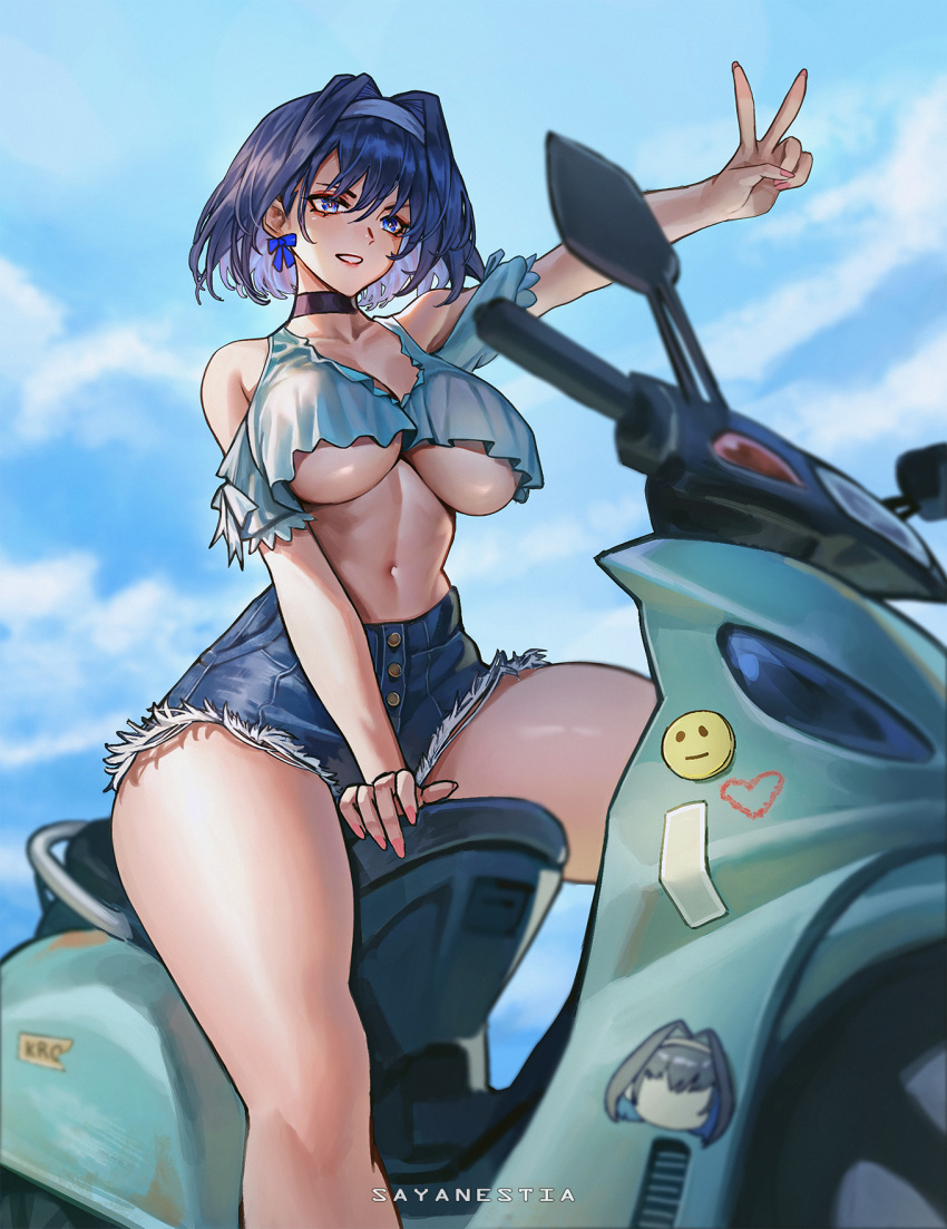 1girls blue_eyes blue_hair booty_shorts breasts denim_shorts female hololive hololive_english hololive_english_-council- hololive_english_-promise- huge_breasts jean_shorts light-skinned_female light_skin ouro_kronii peace_sign sayanestia short_hair short_shorts shorts smile thick_thighs underboob virtual_youtuber