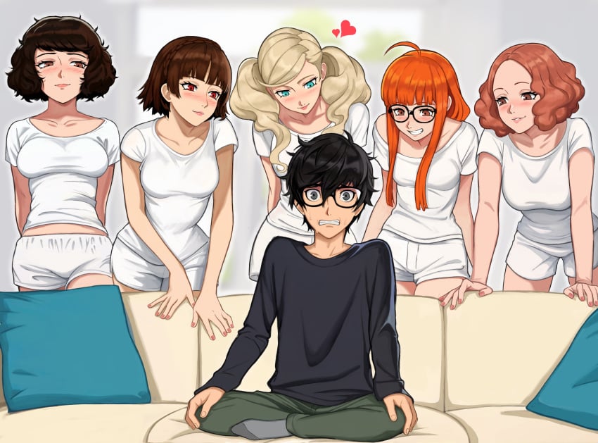 1boy 5girls ann_takamaki breasts clothed female haru_okumura joker_(persona) makoto_niijima male meme meme_reference multiple_girls neggoartz persona persona_5 piper_perri_surrounded reverse_gangbang sadayo_kawakami sakura_futaba straight