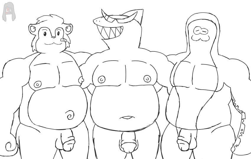 2024 anthro artist_logo artist_name big_man_(splatoon) black_and_white bulge clothed clothing digital_drawing_(artwork) digital_media_(artwork) dubu_(omega_strikers) eyewear fish group hi_res lewdware logo male mammal manta_ray marine monochrome mr._jawsum nintendo nipples nude nude_anthro nude_male omega_strikers omori omori_(game) ray_(fish) rodent shark signature smile splatoon splatoon_(series) splatoon_3 sunglasses sunglasses_only trio