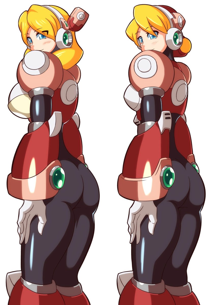 1girls alia big_ass big_breasts blonde_hair blue_eyes blush kotatuman_dash long_hair medium_breasts mega_man mega_man_x robot_girl short_hair small_breasts white_background white_gloves