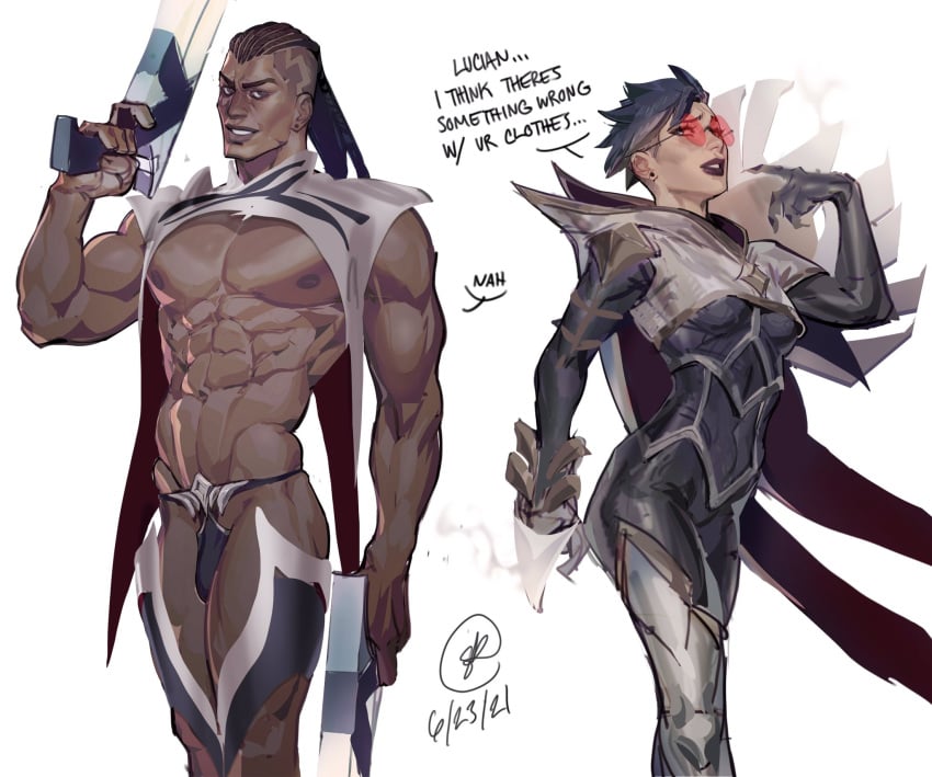 dark-skinned_male female league_of_legends lucian_(league_of_legends) male sean_sketches seansketches sentinel_vayne the_ruined_king_saga thong underwear vayne