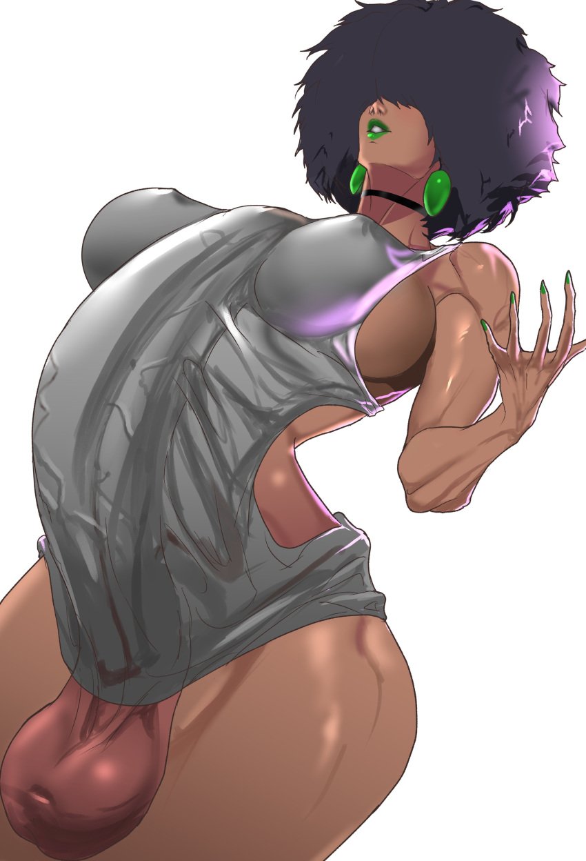 afro balls big_balls big_breasts black_hair breasts bulge bulge_through_clothing choker dark-skinned_futanari dark_skin earrings erect_nipples erection erection_under_clothes futa_only futanari green_lipstick hair_over_eyes huge_cock hyper_penis nipple_bulge nipples penis penis_outline solo solo_futa tenchizone veiny_penis