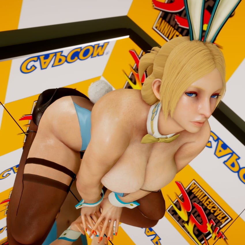 3d athletic athletic_female big_breasts blonde_hair blue_eyes breasts bunny_ears bunny_girl bunnysuit busty capcom cleavage ecchi_fighties female female_focus female_only final_fight hourglass_figure kneeling long_hair lucia_morgan street_fighter street_fighter_v tagme wide_hips