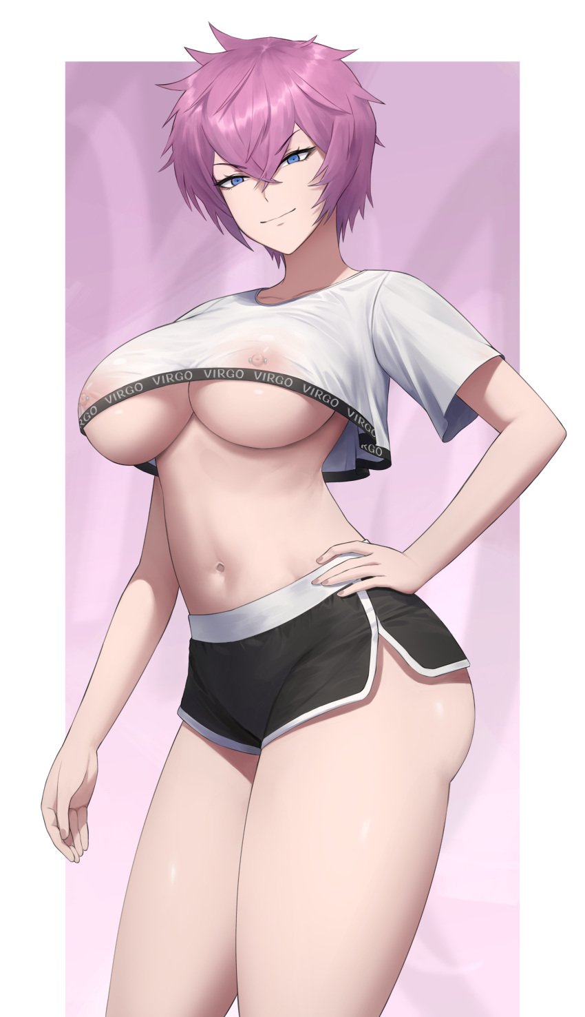 big_breasts big_butt black_shorts blue_eyes crop_top eclipse_virgo fairy_tail hand_on_hip looking_at_viewer looking_down pierced_nipples pink_hair see-through_clothing short_hair shorts shou_illust smug smug_face thick_thighs translucent_clothing transparent_clothing underboob white_shirt