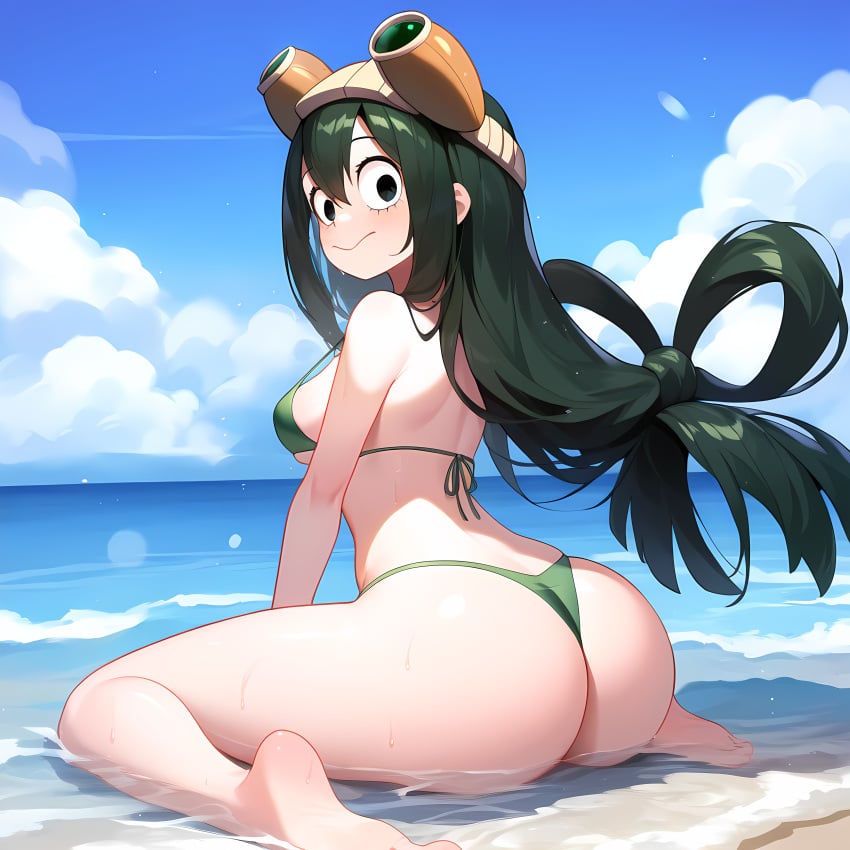 1girls ai_generated arched_back ass ass_focus back back_view beach big_ass bikini boku_no_hero_academia breasts day female female_focus female_only frog_girl from_behind full_body green_clothing green_hair hair_ornament heroine hi_res highres izacru0 legs legs_apart long_hair looking_at_viewer looking_back medium_breasts my_hero_academia narrow_waist on_floor on_ground on_knees outdoors partially_clothed public rear_view revealing_clothes sand seaside sideboob skindentation smile solo solo_female solo_focus sweat thick_ass thick_thighs thighs thin_waist tsuyu_asui very_high_resolution water wet wide_eyed wide_hips