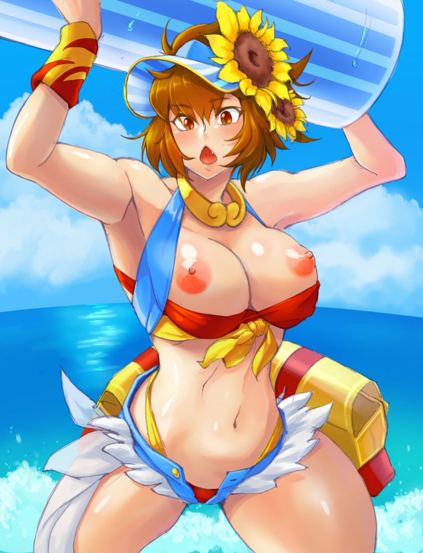 1girls armpits arms_up belly belly_button bikini blush breasts breasts_out brown_eyes brown_hair collar color cup digital_media_(artwork) erect_nipples firm_breasts fit_female flower galaxy_gals kuu_(battle_cats) large_breasts lifting light_skin looking_at_viewer nipples nyanko_daisensou ocean oerba_yun_fang pink_nipples potatopanicking shocked short_hair shoulders teenager the_battle_cats thick_thighs thighs visor wardrobe_malfunction wristband