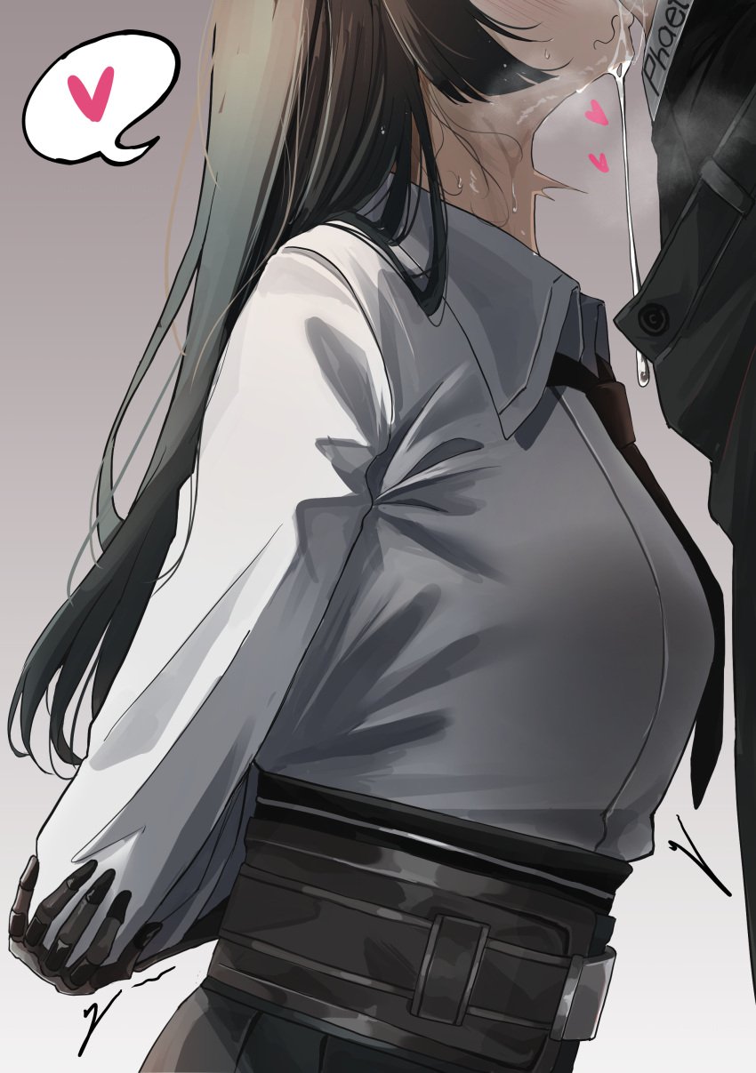 1boy 1girls black_hair blowjob breasts drooling face_fucking female gloves heart hoshimi_miyabi long_hair necktie oral pants_down red_eyes saliva saliva_trail solo thought_bubble wise_(zenless_zone_zero) work_uniform zenless_zone_zero