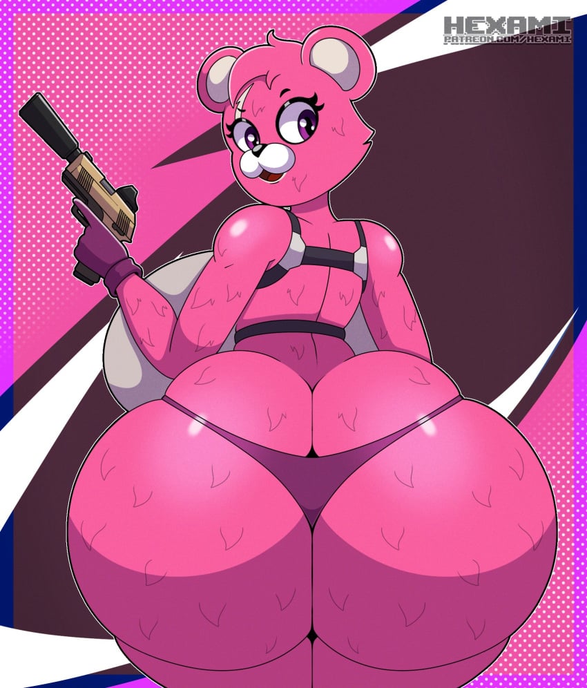 bear_girl big_ass big_breasts cuddle_team_leader fortnite furry_female gun hexami panties pink_body pink_fur