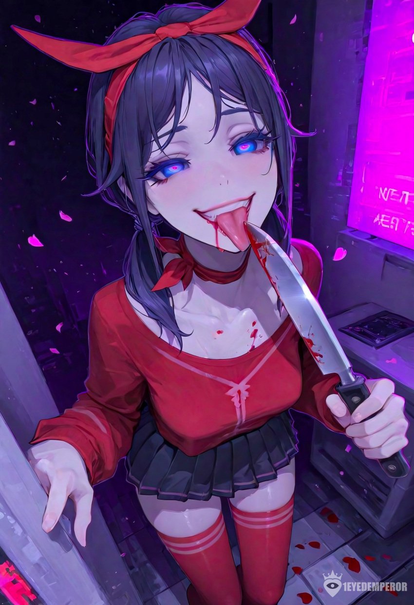 1eyedemperor 2d ahe_gao ai_assisted ai_generated black_mascara blood bloody_knife blue_hair blue_skirt crazy_eyes crazy_face crazy_mita_(miside) dangerous female hand_on_hip horny kitchen knife knife_play knife_with_blood long_hair looking_at_viewer medium_breasts miside mita_(miside) oneyedemperor panties panties_aside puffy_lips red_eyes red_lipstick red_stockings red_topwear small_breasts thick_thighs tongue_out vampire_fangs view_from_above white_underwear wide_hips