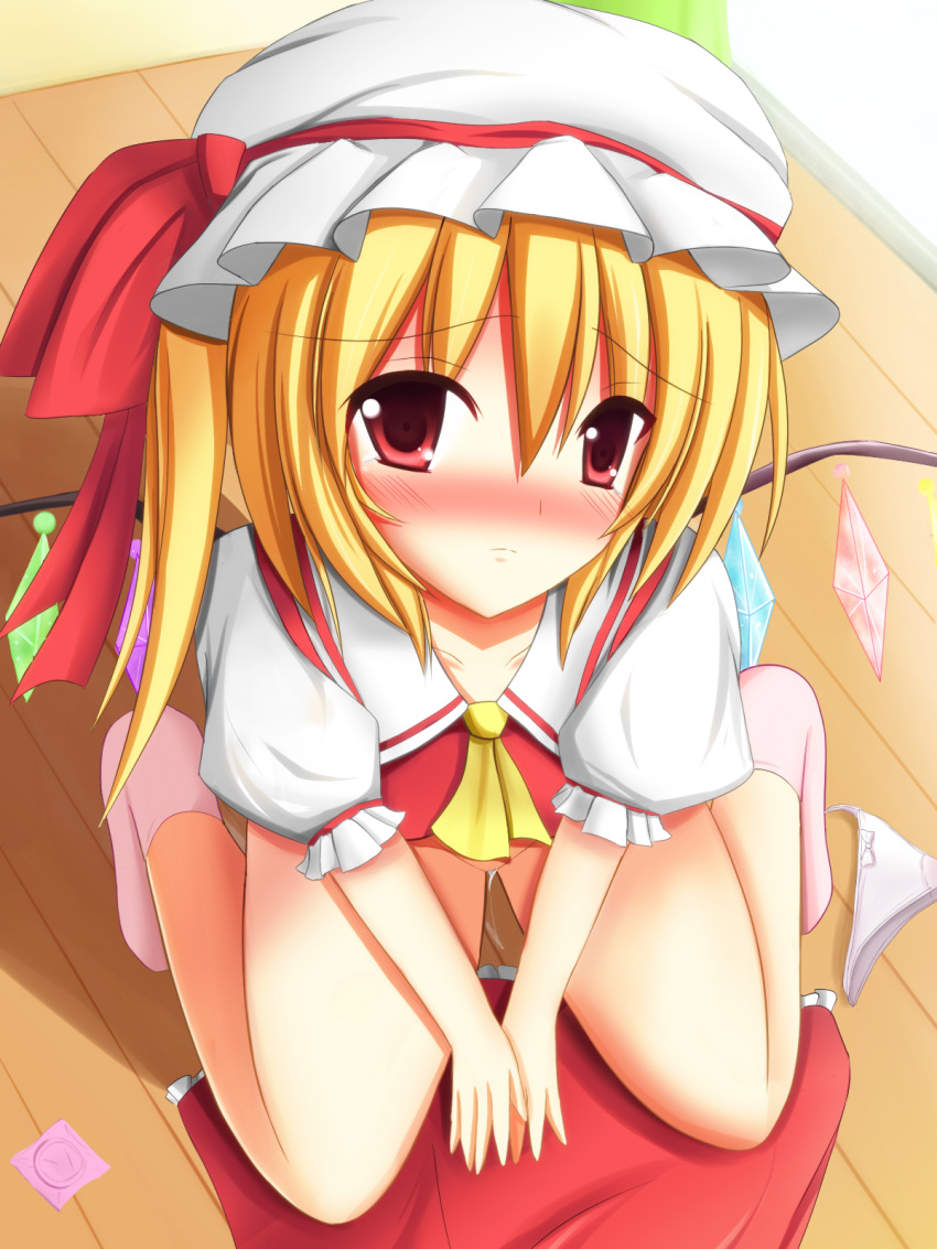 blonde_hair blush bottomless clothes_on_floor condom flandre_scarlet footwear hat highres kneeling looking_up panties pussy_juice red_eyes short_hair side_ponytail socks solo the_embodiment_of_scarlet_devil touhou underwear white_panties wings yuzin