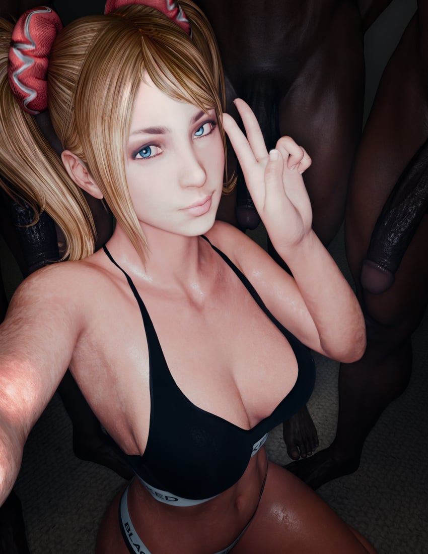 1girls 3boys 3d 3d_(artwork) blacked blacked_clothing blender blonde_female blonde_hair blue_eyes dark-skinned_male dark_skin interracial juliet_starling koyz3d lollipop_chainsaw looking_at_viewer on_knees peace_sign self_upload selfie twintails underwear