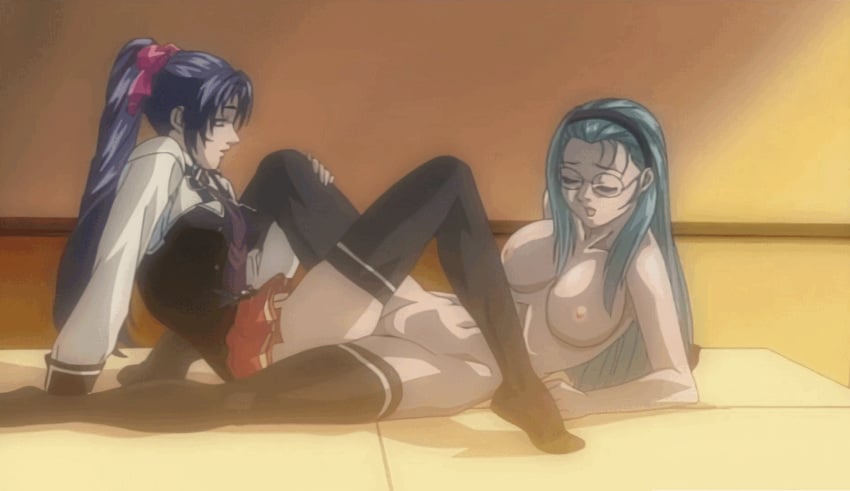 00s 2002 2girls animated arm_support bible_black bible_black_gaiden black_thighhighs bouncing_breasts breasts classroom closed_eyes clothed_female_nude_female desk female_only glasses green_hair hairband high_ponytail kozono_nami large_breasts lesbian lesbian_sex long_hair lowres miniskirt mochida_junko multiple_girls nipples nude on_desk pleated_skirt ponytail purple_hair reclining red_skirt school school_uniform scissoring sitting skirt stitched thighhighs third-party_edit tribadism yuri