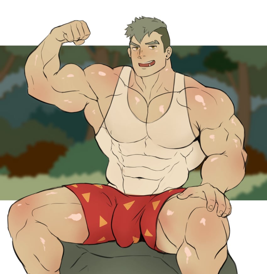 abs all_saints_street bara biceps big_bulge bulge damao flexing_bicep grey_hair hidekiryouji male male_only manly mohawk mohawk_(hairstyle) muscular_male pecs penis_outline tusks underwear vladimir_elliot_kirilenko wan_sheng_jie werewolf