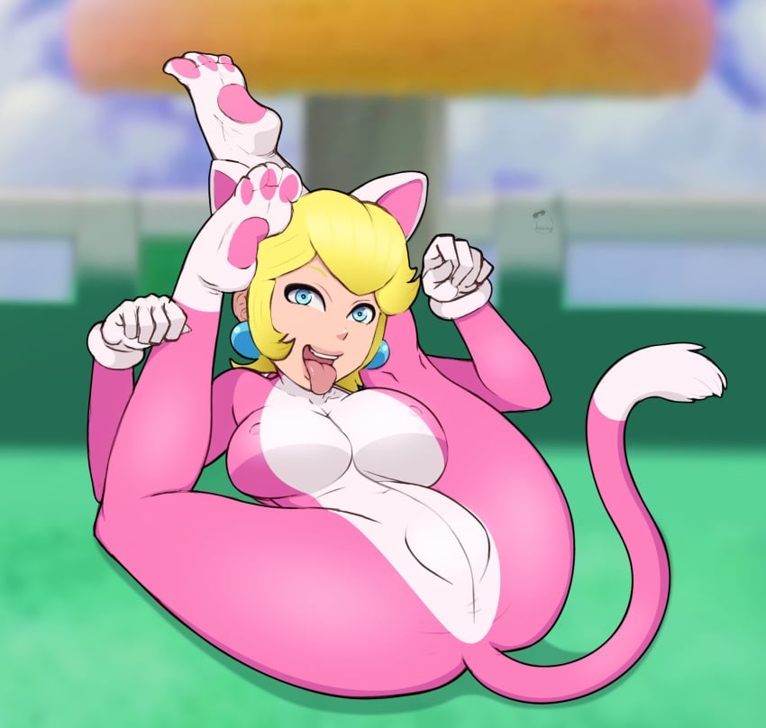 ass blonde_female blonde_hair blue_eyes breasts cat_ears cat_outfit cat_peach cat_tail color colored costume furry legoman legs_up mario_(series) mikleodeus no_ai paws princess princess_peach super_mario_bros. thick_thighs tongue tongue_out