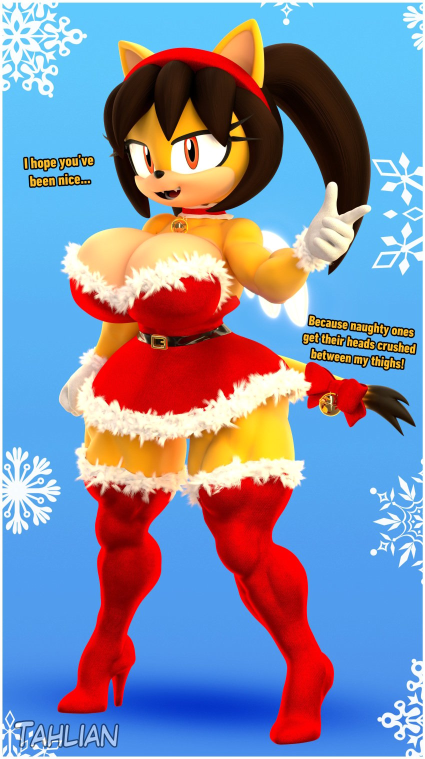 1female 1girls bell bell_collar belt big_breasts black_hair bow breasts cat_ears cat_girl cat_tail catgirl christmas christmas_outfit cleavage collar english english_dialogue english_text eyelashes fangs feline female female female_only gloves headband high_heel_boots high_heels honey_the_cat looking_at_viewer open_mouth open_smile orange_eyes pointing red_dress red_high_heel_boots red_high_heels santa_dress smile smiling smiling_at_viewer sonic_(series) sonic_the_hedgehog_(series) tahlian thighs twintails