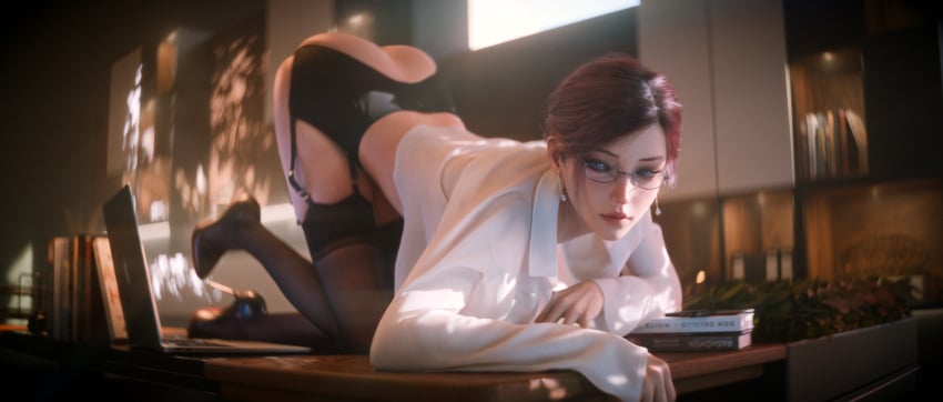 1girls 3d ass books detailed_background female female_focus female_only garter_belt glasses heels hi_res high_resolution highres large_ass looking_at_viewer shoelac3 solo solo_focus stockings thighhighs thighs white_shirt