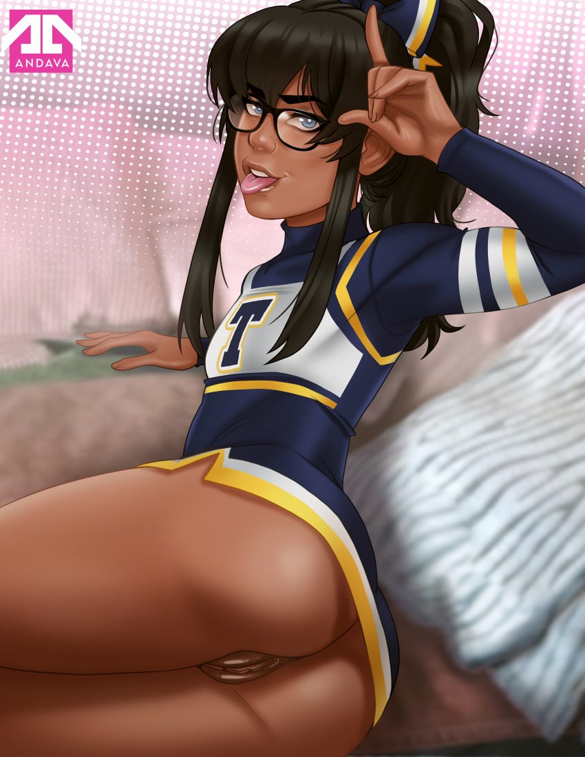 1girls andava andavaverse ass black_hair blue_eyes cheerleader cheerleader_outfit cheerleader_uniform dark-skinned_female dark_skin ester_figueroa female glasses human looking_at_viewer loser_gesture oc original original_character ponytail pussy skirt small_breasts solo solo_female tongue tongue_out upskirt vagina