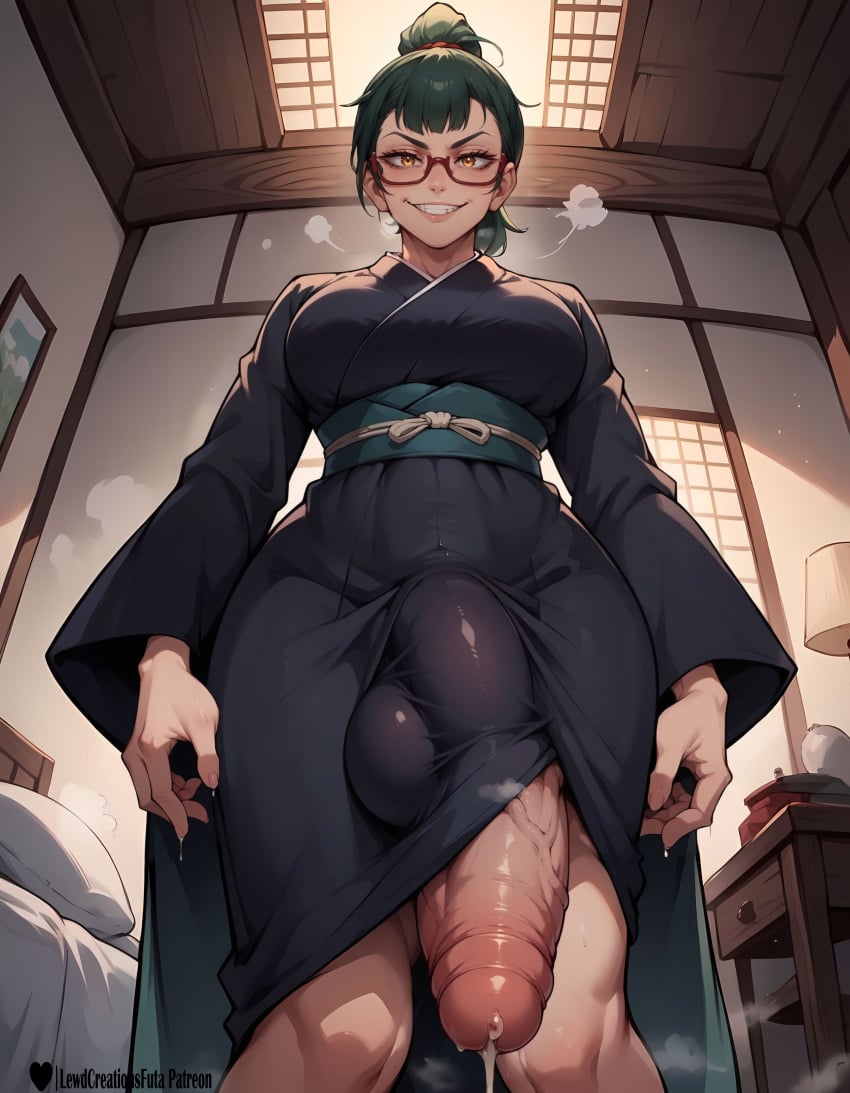 1girls absurd_res ai_generated breasts bulge curvy curvy_figure dickgirl dickgirl/female female from_below futa_only futadom futanari glasses green_hair high_resolution highres huge_balls huge_cock huge_testicles jujutsu_kaisen kimono lewdcreationsfuta looking_at_viewer mature mature_female mature_woman penis penis_out precum precum_drip precum_on_penis precum_string red_eyewear sexually_suggestive solo solo_female solo_focus standing tagme testicles thick thick_legs thick_thighs thighs veiny veiny_penis yellow_eyes zenin_maki