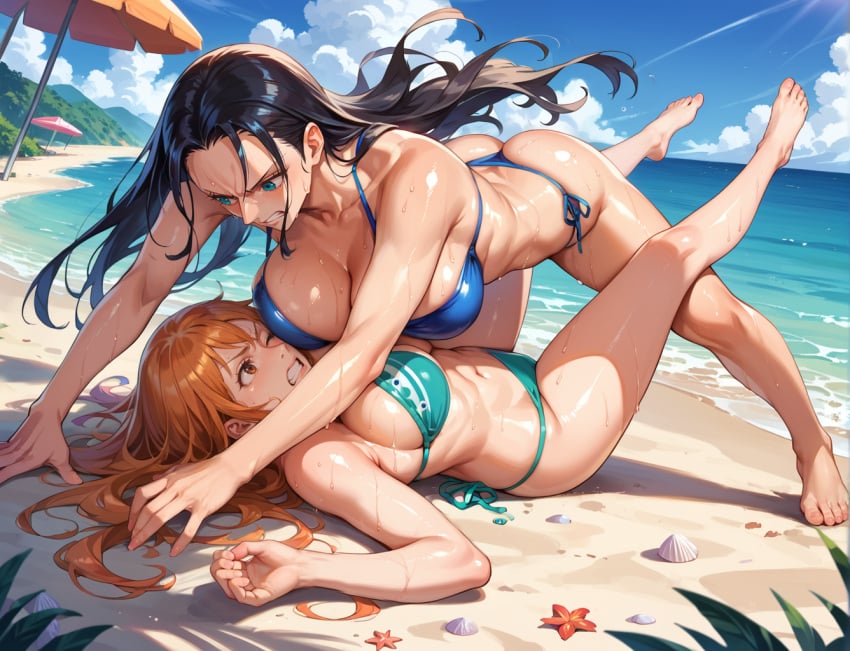 ai_generated beach bearhug bikini breasts catfight female female_only hate_fuck hate_sex nami nami_(one_piece) nico_robin one_piece sweat sweaty wet wet_skin wrestling wrestlingryona xiaofeng yuri