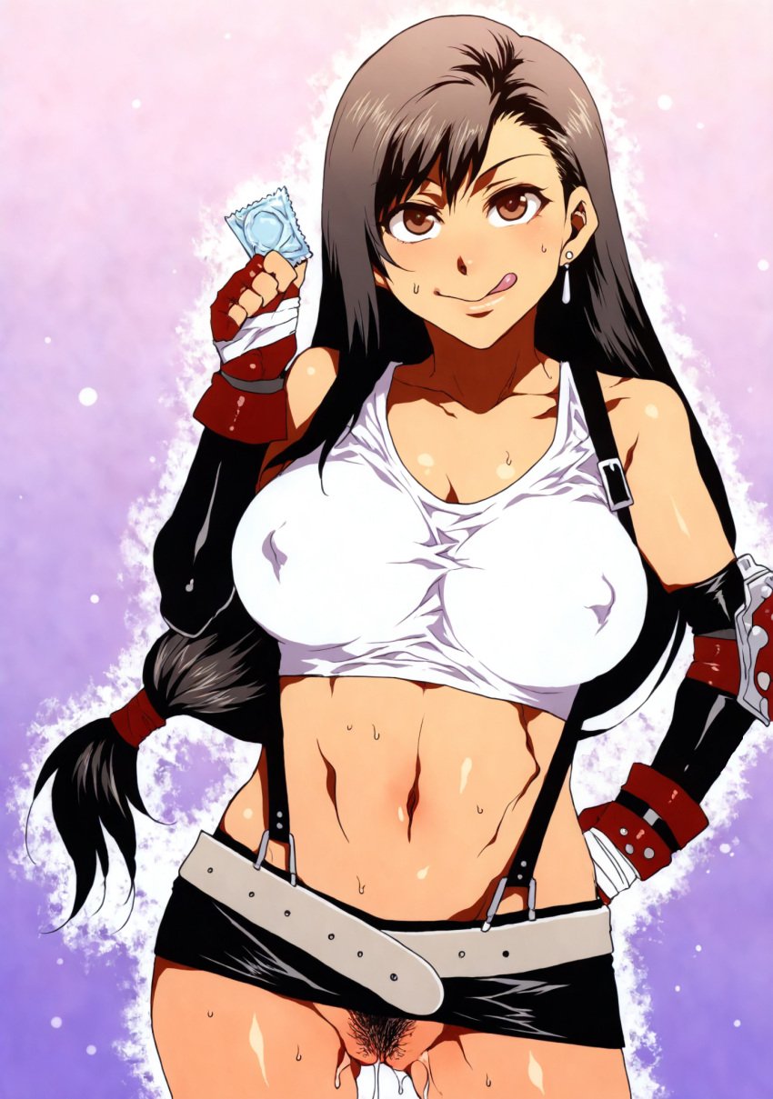 ai_generated breasts cleavage clothed condom condom_wrapper final_fantasy final_fantasy_vii gigantic_breasts huge_breasts no_panties pubic_hair retro_ai_ecchi_dude tank_top tifa_lockhart wet_pussy