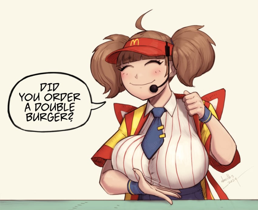 big_breasts brown_hair closed_eyes devil_hs fully_clothed headset mcdonald's waitress