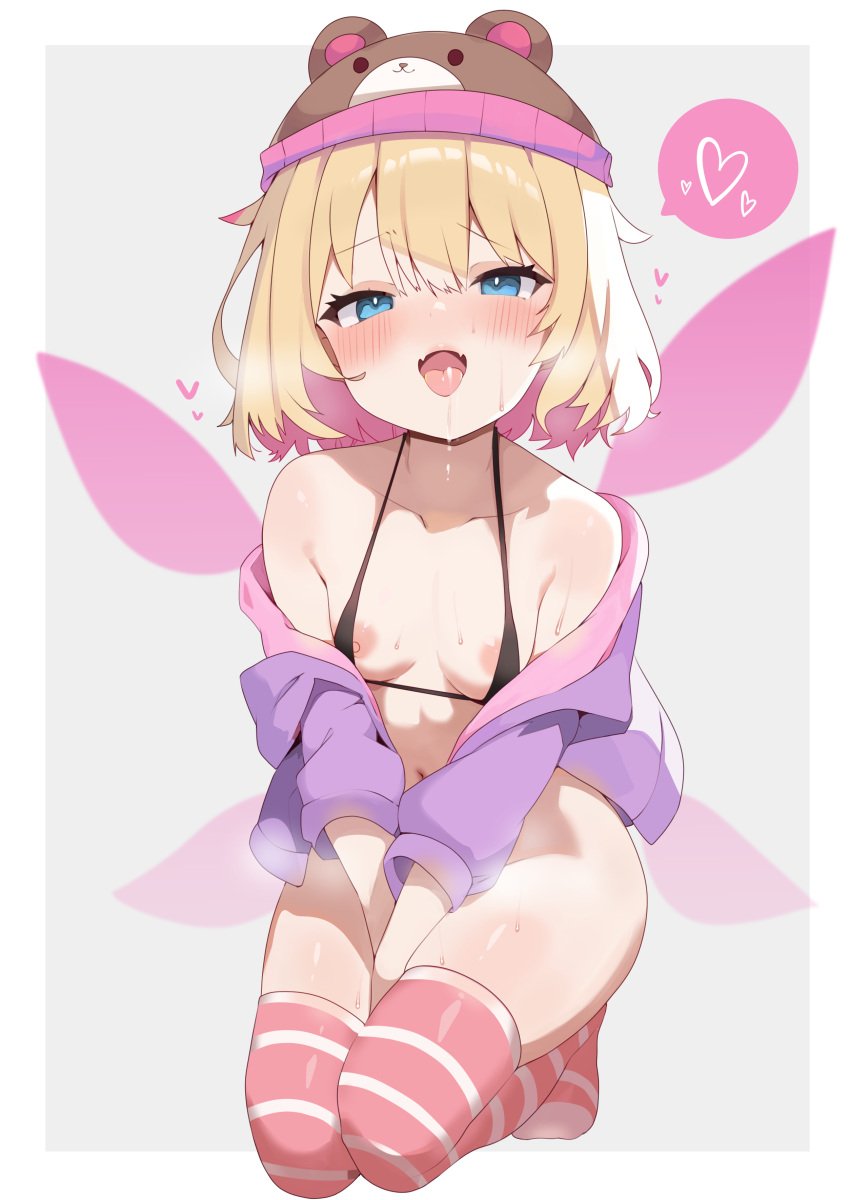 absurdres blonde_hair blue_eyes bra breasts female highres indie_virtual_youtuber nipples sizzlesjellyqueen small_breasts te_toga underwear virtual_youtuber