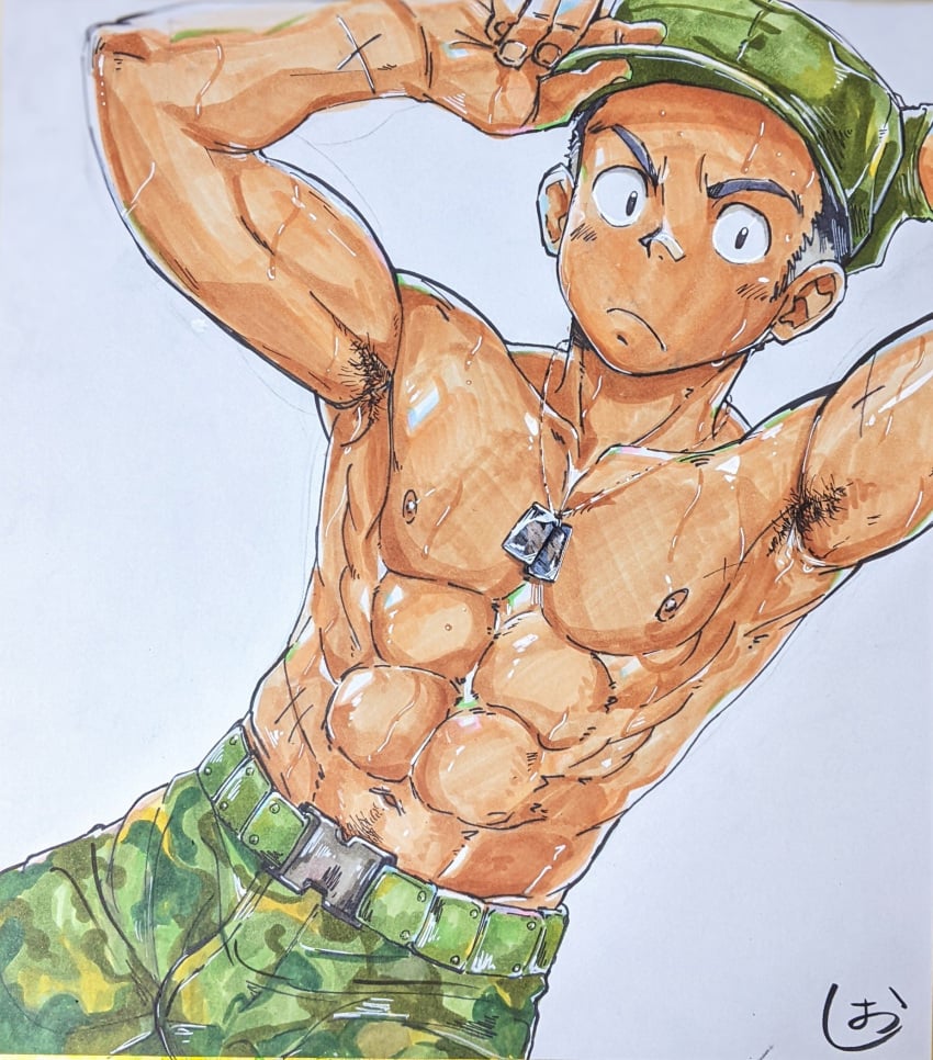 1boy abs armpit_hair armpits arms_behind_head arms_up army army_cap army_uniform bandaid bandaid_on_nose belt belt_buckle biceps big_areola black_eyes black_hair blush_lines camouflage_pants camouflage_print cap collarbone dog_tags frown gloves hand_drawn happy_trail hi_res leeksaltboy male male_only manly mature_male muscles muscular muscular_arms muscular_male navel original original_character pecs sanpaku scar scar_on_arm scar_on_chest scar_on_stomach short_hair six_pack small_pupils soldier soldier_uniform solo standing sweat sweatdrop sweating sweaty thick_arms topless tough_guy uniform v-shaped_eyebrows white_background yaoi young