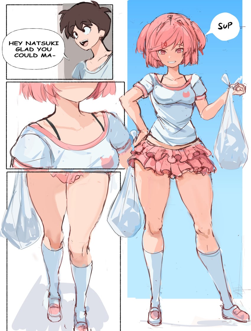 1boy 1girls bag comic comic_page dialogue doki_doki_literature_club english_text female human male mc_(doki_doki_literature_club!) natsuki_(doki_doki_literature_club) pink_eyes pink_hair rakeemspoon shirt skirt text