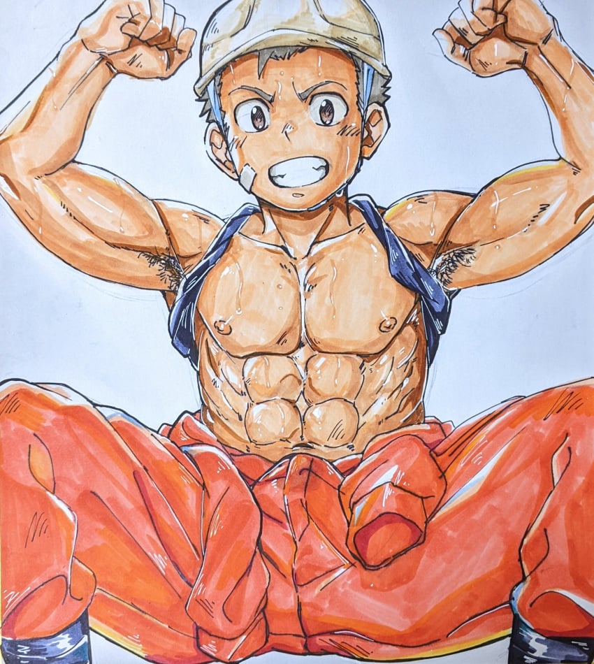 1boy abs armpit_hair armpits arms_up bandaid bandaid_on_face biceps big_areola blush_lines brown_eyes bulge bulge_through_clothing clenched_hand clenched_teeth clothes_around_waist clothes_pull collarbone crouching firefighter firefighter_helmet firefighter_uniform frown grey_hair hand_drawn hi_res leeksaltboy looking_at_viewer male male_only manly mature_male muscles muscular muscular_arms muscular_male navel open_mouth original original_character overalls overalls_down pecs short_hair six_pack solo spread_legs squatting sweat sweatdrop sweating sweaty thick_arms topless tough_guy uniform v-shaped_eyebrows white_background yaoi young