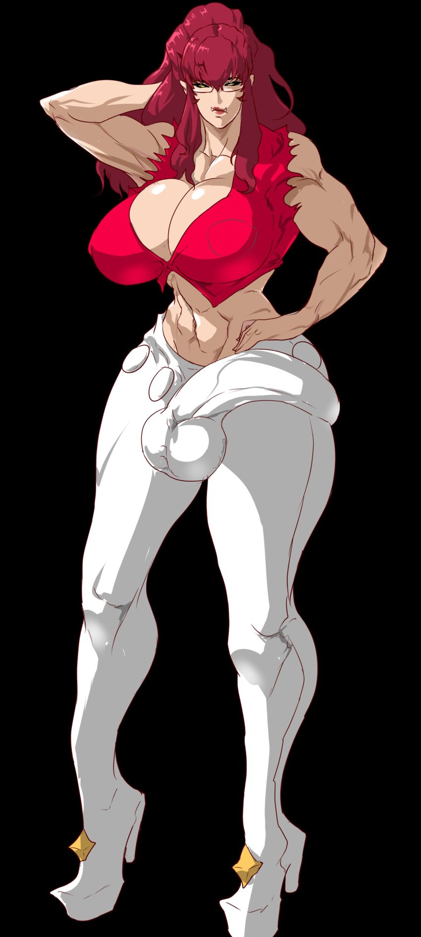 big_breasts black_sclera breasts bulge bulge_through_clothing cleavage futanari glasses huge_cock muscular muscular_arms muscular_futanari penis_outline red_hair solo tenchizone yellow_eyes