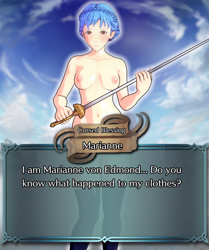 blue_hair breasts comic fire_emblem fire_emblem:_three_houses marianne_von_edmund naked naked_female nude nude_female nudity sword text