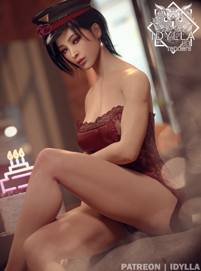 3d 3d_(artwork) 3d_model 3d_render ada_wong ada_wong_(adriana) artist_name asian asian_female bedroom birthday birthday_cake black_hair brown_eyes cop_hat crossed_legs dress earrings highres idylla jewelry lingerie looking_at_viewer patreon_username police_hat posing red_lingerie resident_evil resident_evil_4 resident_evil_4_remake seductive seductive_look short_hair surprise waiting