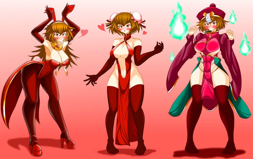 3girls barely_covered blush breasts bunny_ears bunnysuit chinese_clothes cleavage color digital_media_(artwork) firm_breasts galaxy_gals hair_bun heart inner_sideboob jiangshi kuu_(battle_cats) kuu_chaz7hu3hp5 large_breasts light_skin looking_at_viewer muscular muscular_female nyanko_daisensou open_clothes platform_heels pose scarf shoulders smile spirit teenager the_battle_cats thick_thighs thighhighs thighs thin_waist wide_hips