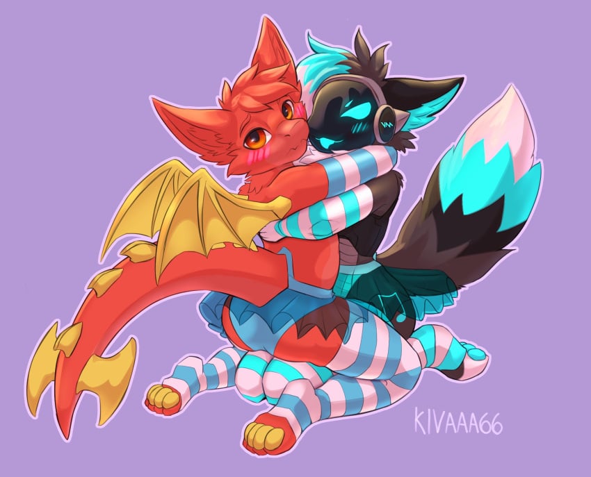 anthro blush blush_lines dragon duo hugging kivaaa66 looking_at_viewer msi_dragon_lucky panties programming_socks protogen sitting sitting_on_lap skirt tail voicemod wings yellow_wings