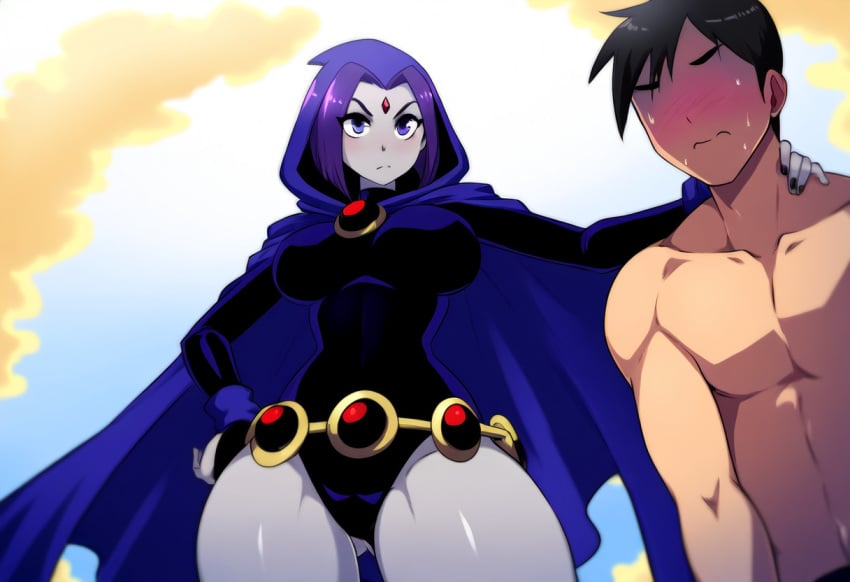 1boy 1girls ai_generated big_breasts curvy dc dc_comics duo grey_body imminent_sex large_breasts male/female mullon muscular_male nervous novelai purple_eyes purple_hair raven_(dc) thick_thighs topless wide_hips