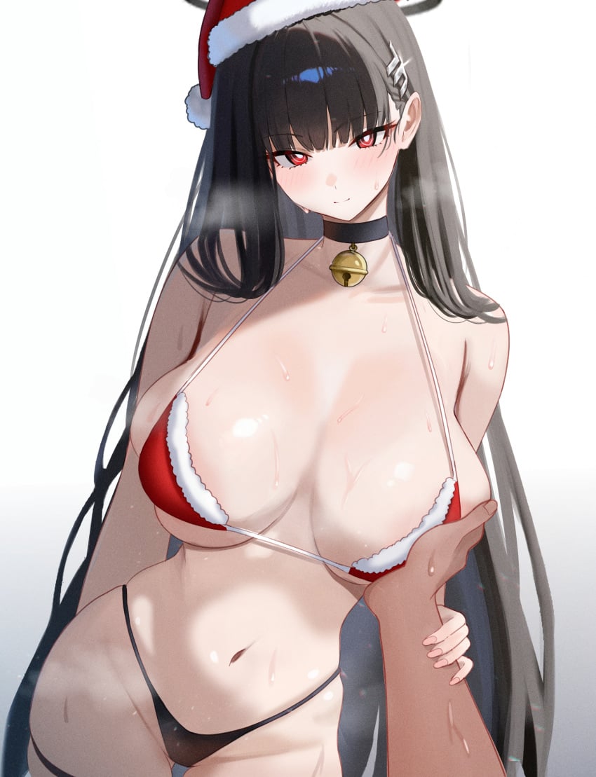 1boy alternate_costume bell bikini black_choker blue_archive blush breasts breasts_apart choker female grabbing_another's_breast grabbing_from_behind groping guided_breast_grab guiding_hand halo hat highleg highleg_bikini huge_breasts long_hair looking_at_viewer mijikayo mismatched_bikini navel neck_bell pov pov_hands red_eyes rio_(blue_archive) santa_hat simple_background steaming_body stomach straight straight_hair string_bikini sweat swimsuit thigh_strap very_long_hair white_background