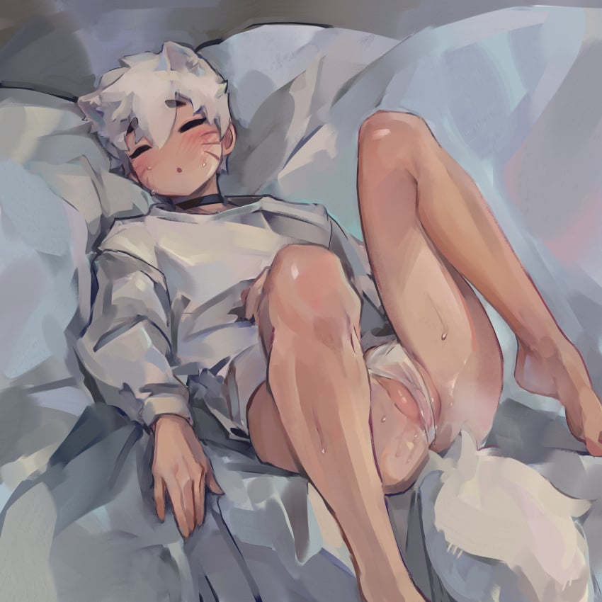 1boy ass briefs cat_ears catboy choker cuntboy onehimbo original original_character painting_(artwork) panties pussy pussy_juice shirt sleeping sweatshirt tail thighs twink underwear wet wet_pussy whisker_markings white_hair