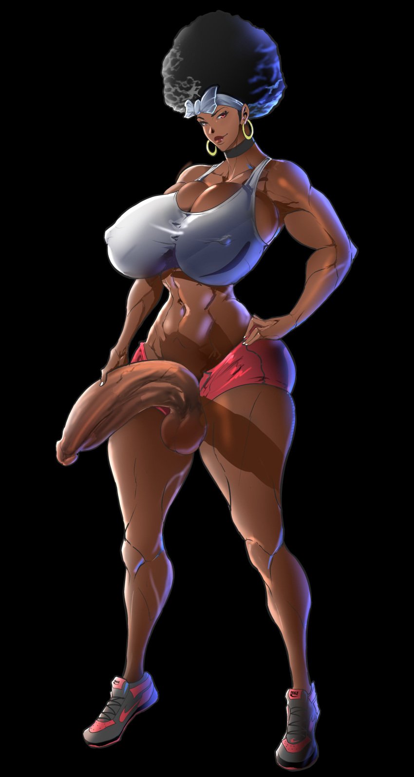 afro balls big_breasts big_penis black_hair breasts dark-skinned_futanari dark_skin earrings erection futa_only futanari huge_breasts nipple_bulge penis shorts solo solo_futa sports_bra tenchizone