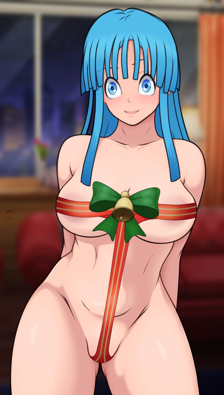 1girls blue_eyes blue_hair breasts breasts christmas christmas_clothing christmas_outfit color colored costume dragon_ball dragon_ball_z female female_focus gift_wrapping horny horny_female huge_breasts maron mikleodeus no_ai seductive thick_thighs