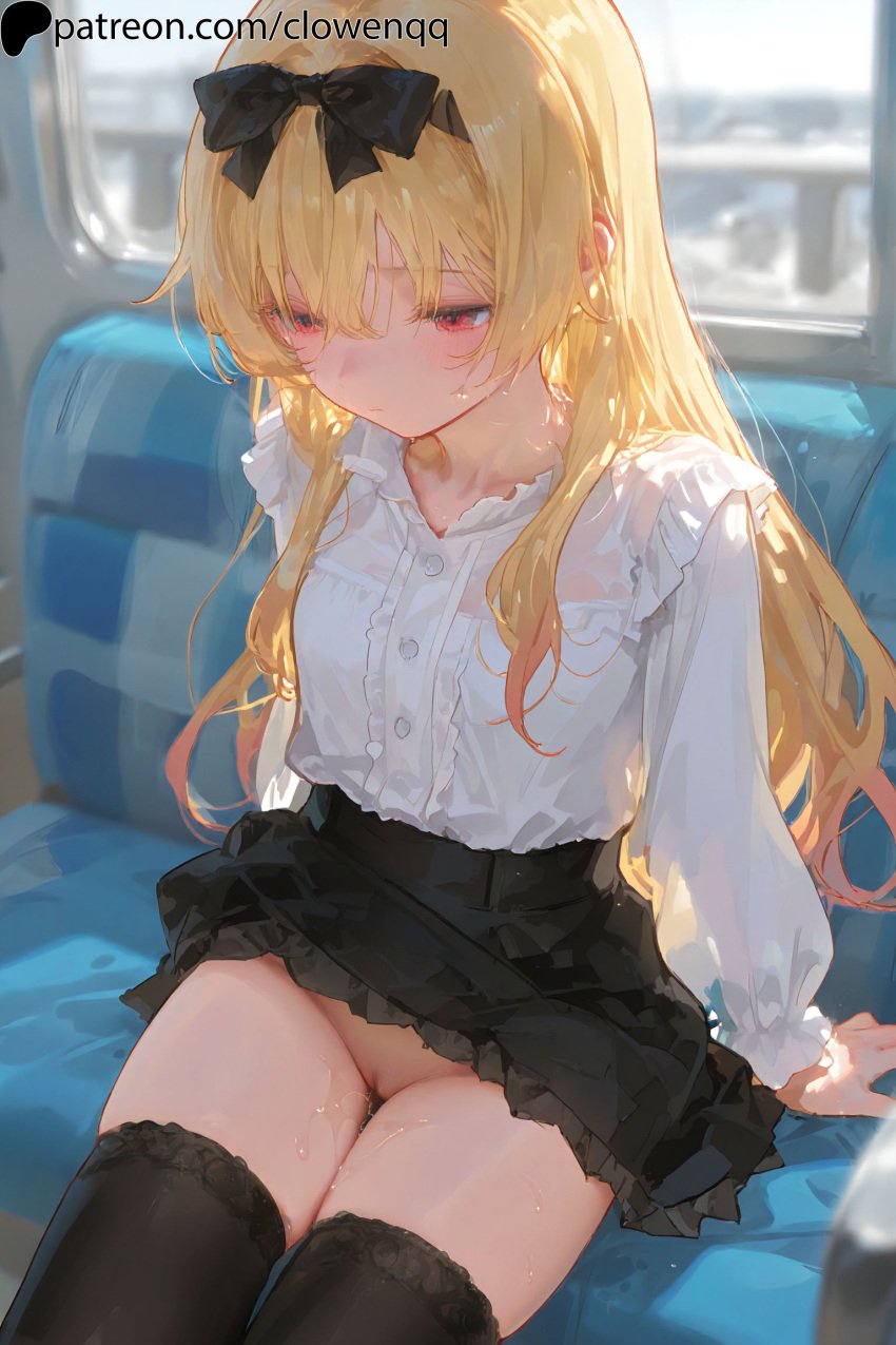 1girls ai_generated arifureta_shokugyou_de_sekai_saikyou blonde_hair blouse blush clowenqq depth_of_field exposed_pussy female female_focus female_only from_above hair_ribbon highres innie_pussy long_hair looking_down no_panties petite petite_body petite_female pussy pussy_juice red_eyes ribbon shirt sitting skirt skirt_lift small_breasts solo solo_female solo_focus thighhighs thighs train uncensored young younger_female yue_(arifureta)