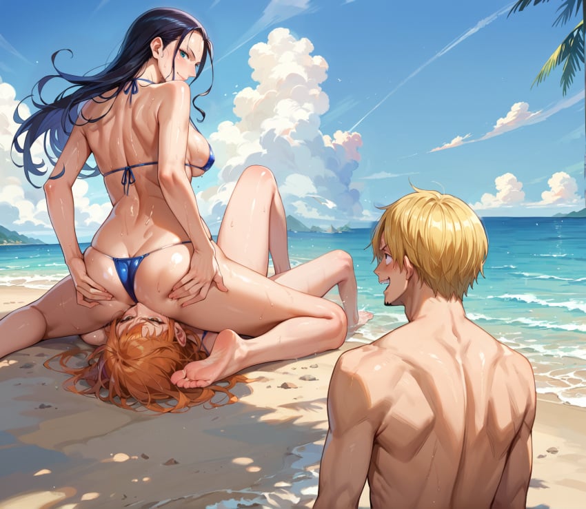 ai_generated beach bearhug bikini catfight facesitting female hate_fuck hate_sex male nami nami_(one_piece) nico_robin one_piece sanji sweat sweaty wet wet_skin wrestling wrestlingryona xiaofeng yuri