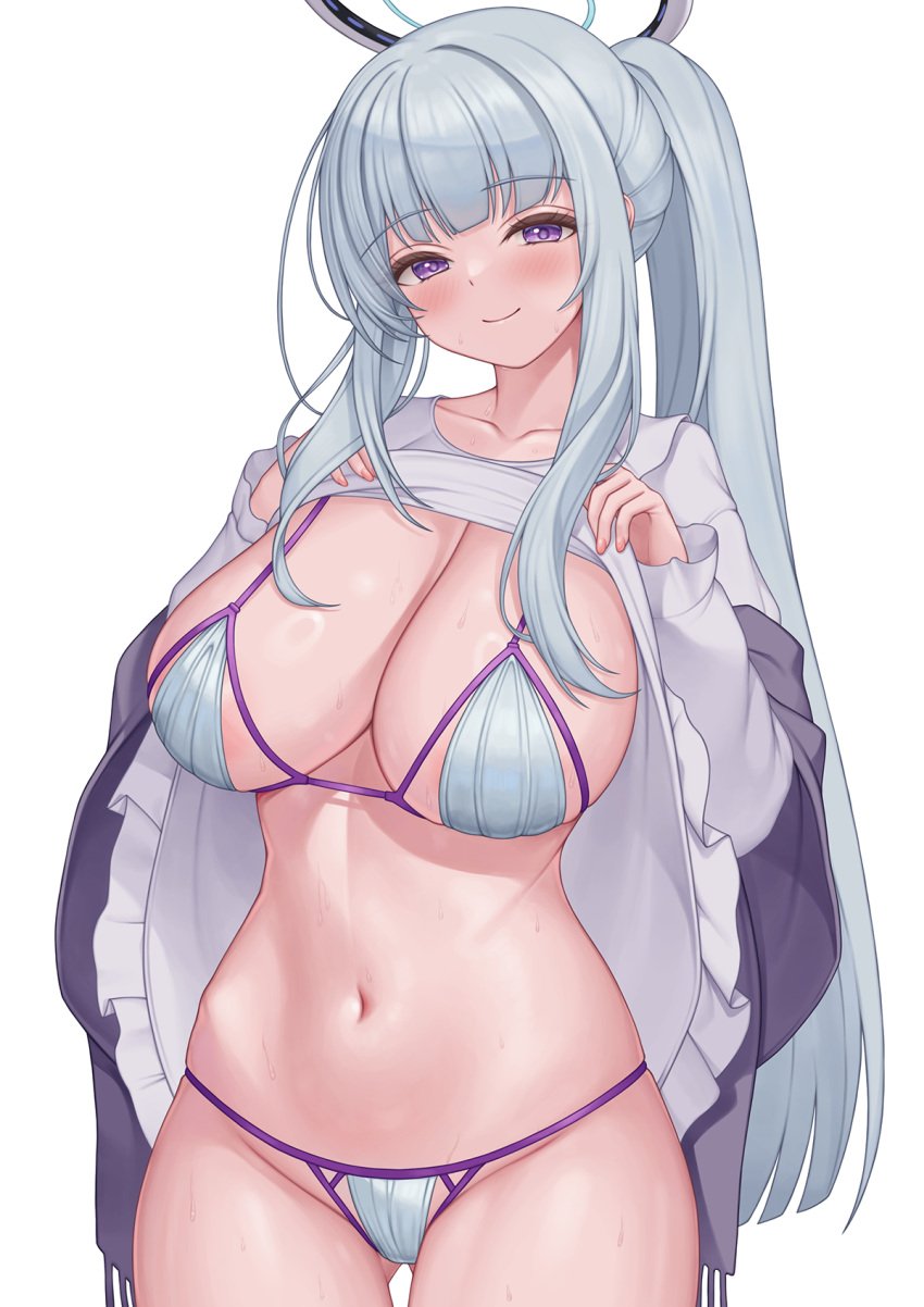 bikini blue_archive blush breasts cleavage closed_mouth collarbone female fingernails gluteal_fold grey_hair halo highres large_breasts lifting_own_clothes long_hair long_sleeves looking_at_viewer mechanical_halo navel noa_(blue_archive) noa_(pajamas)_(blue_archive) official_alternate_costume pajamas_lift pinkcap purple_eyes side_ponytail simple_background smile solo stomach swimsuit white_background white_bikini white_hair white_halo