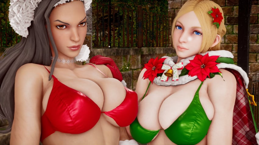 2girls 3d american american_female big_breasts bikini black_hair blonde_hair blue_eyes brazilian brazilian_female breasts brown_eyes busty capcom christmas christmas_outfit ecchi_fighties female female_focus female_only laura_matsuda long_hair lucia_morgan makeup pinup pinup_pose street_fighter street_fighter_v tagme