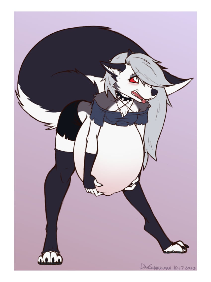 1girls arched_back bending_over bent_over black_and_white_fur blush furry gray_hair heavily_pregnant helluva_boss loona_(helluva_boss) open_mouth overwhelmed pentagram_bra popped_navel ready_to_pop red_sclera spiked_collar tail thick_thighs thighs tongue_out