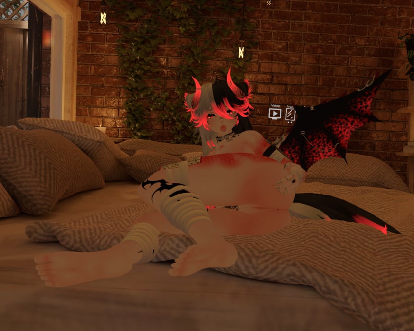 ass bandage bed dragon_girl feet hand_on_butt horns laying_down laying_on_bed lewd_vrchater long_hair looking_at_viewer open_mouth pussy red_eyes self_upload tattoo vrchat wings